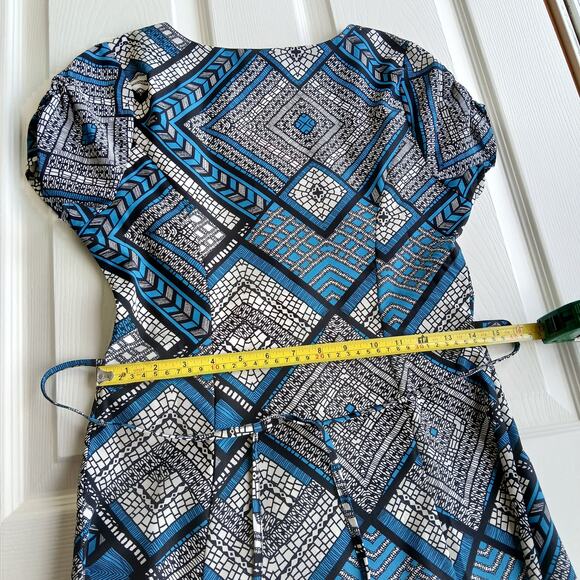 Fire Los Angeles Blue Button-up Maxi Dress M deep slits black mosaic waist tie - Picture 11 of 14